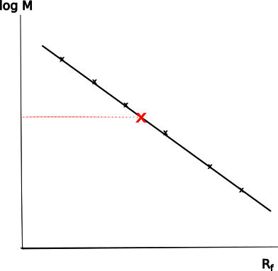 The proteins of the size marker (black X) show an approximately straight line in the representation of log M over Rf. 