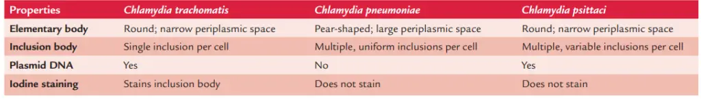 Differential features of Chlamydia species causing human diseases

