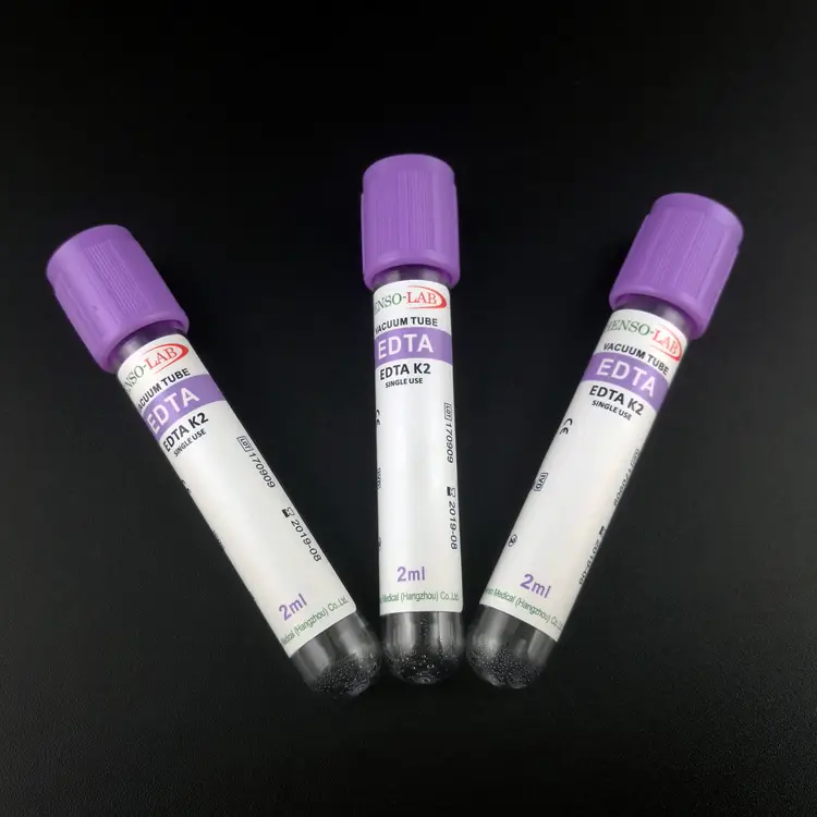 Purple/Lavender (Spray-coated K2 EDTA added in a plastic tube. So, also called as EDTA tube.)