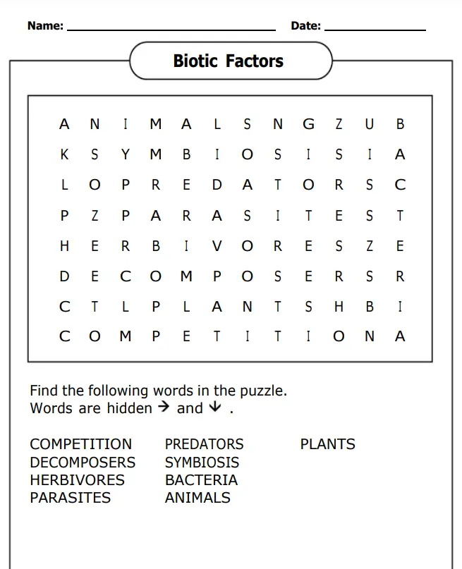 Biology Word Search Worksheets on Biotic Factor