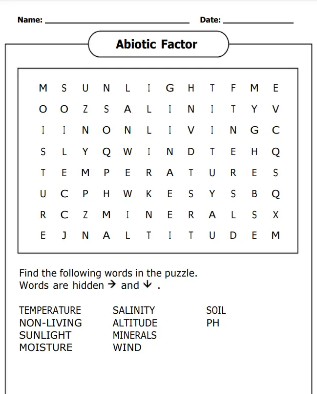 Biology Word Search Worksheets on Abiotic Factor
