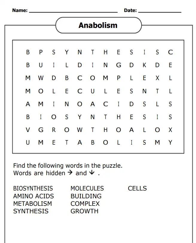 Biology Word Search – Anabolism