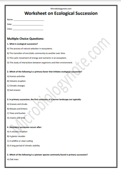 Ecological Succession Worksheet and Answer Key